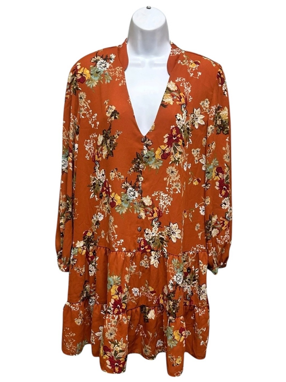 Emma & Michele Rust Orange Floral Boho Chiffon Mini Dress Size M